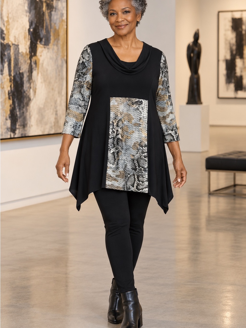 Frank Lyman Design Black Tunic with Snake-Print Panels